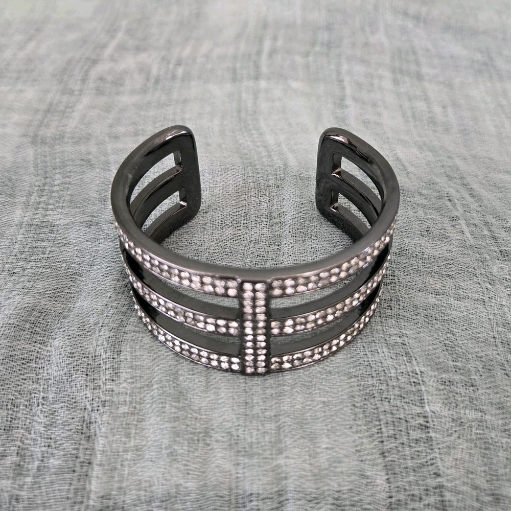Banana Republic Wide Rhinestone Sparkle Bracelet Triple‎ Band Open Cuff Gunmetal